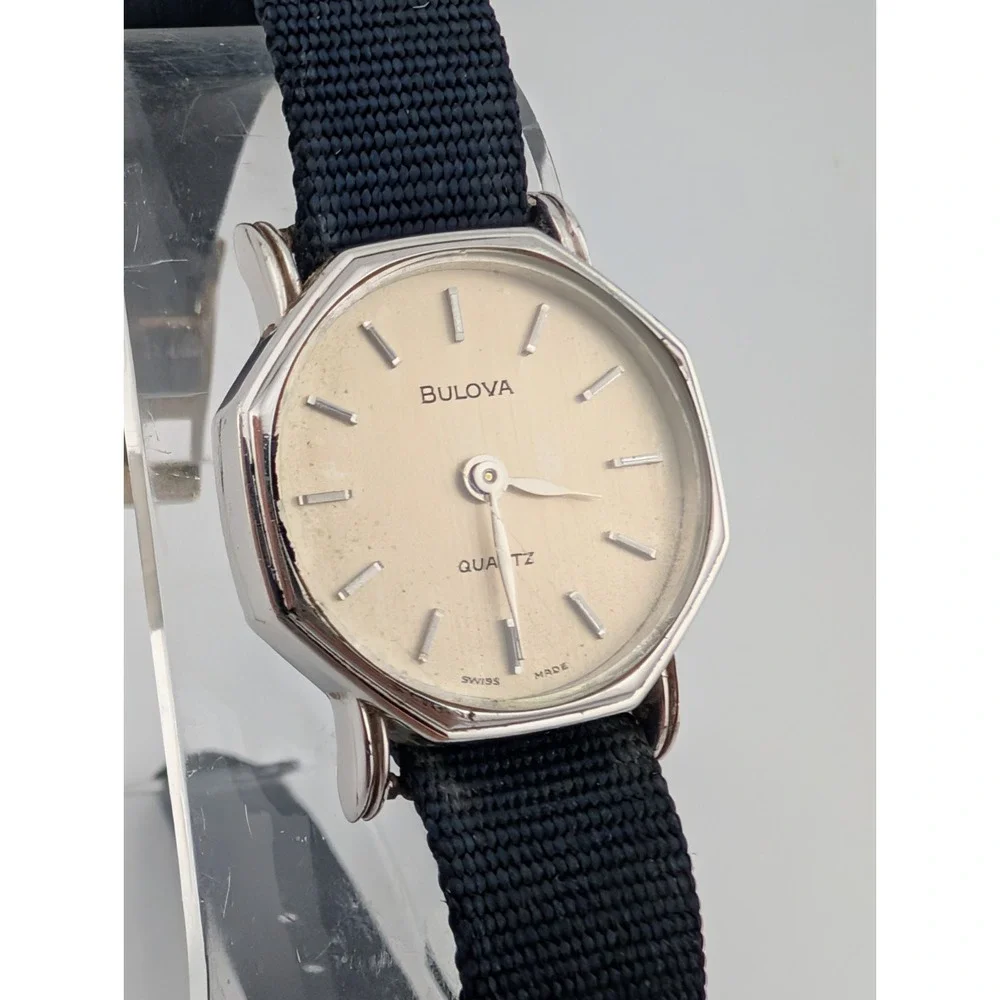 Rare Vintage Bulova Quartz Watch Women Silver 23mm Case Canvas Band- New Battery